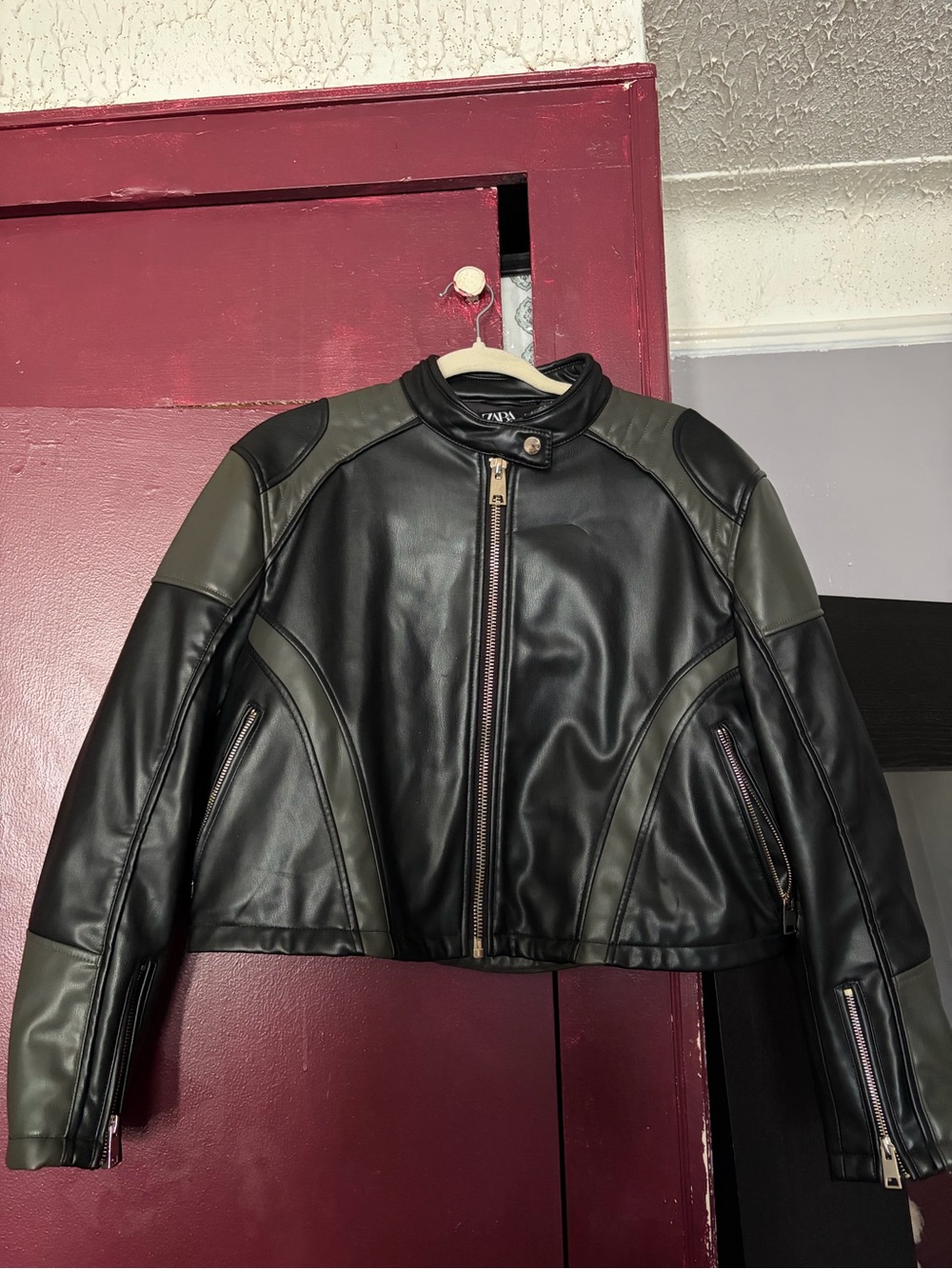 Zara Black and Olive Faux Leather Moto Jacket
